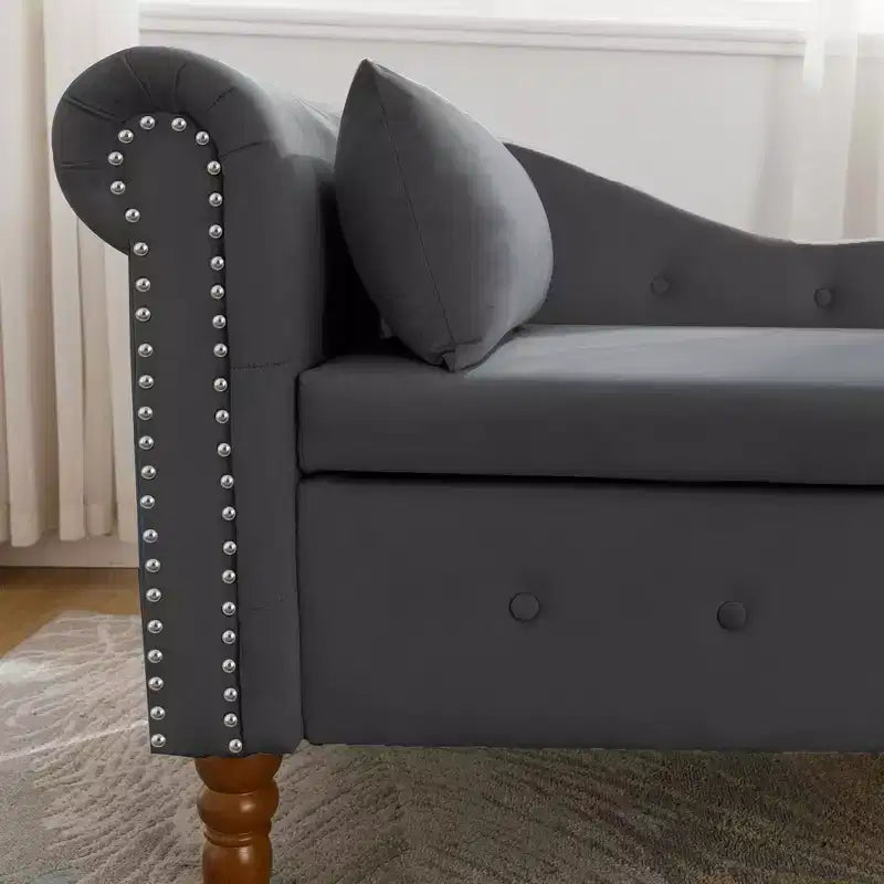 Velvet Chaise Lounge, Storage Pillow Nailhead Trim Rolled Arm, Living Room Bedroom Office, Beige