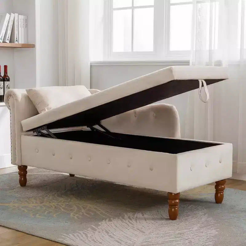 Velvet Chaise Lounge, Storage Pillow Nailhead Trim Rolled Arm, Living Room Bedroom Office, Beige