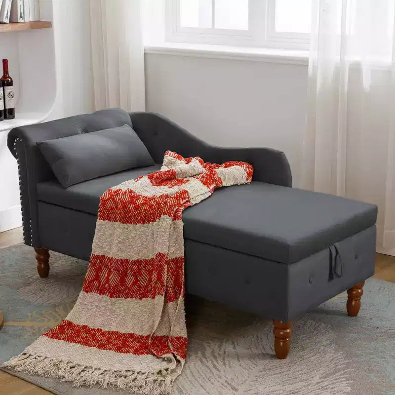 Velvet Chaise Lounge, Storage Pillow Nailhead Trim Rolled Arm, Living Room Bedroom Office, Beige