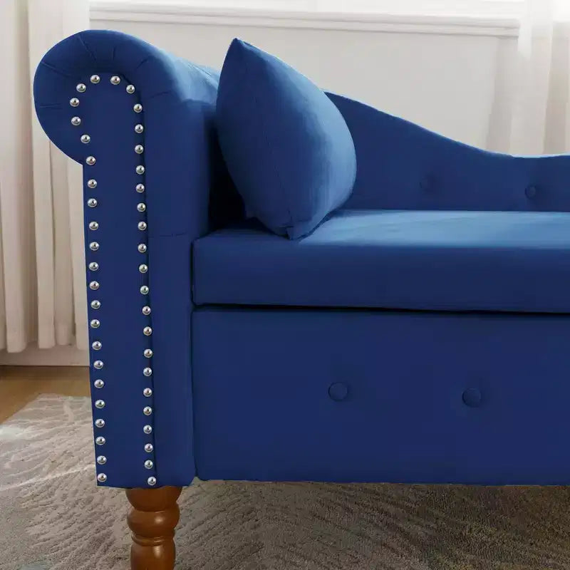 Velvet Chaise Lounge, Storage Pillow Nailhead Trim Rolled Arm, Living Room Bedroom Office, Beige