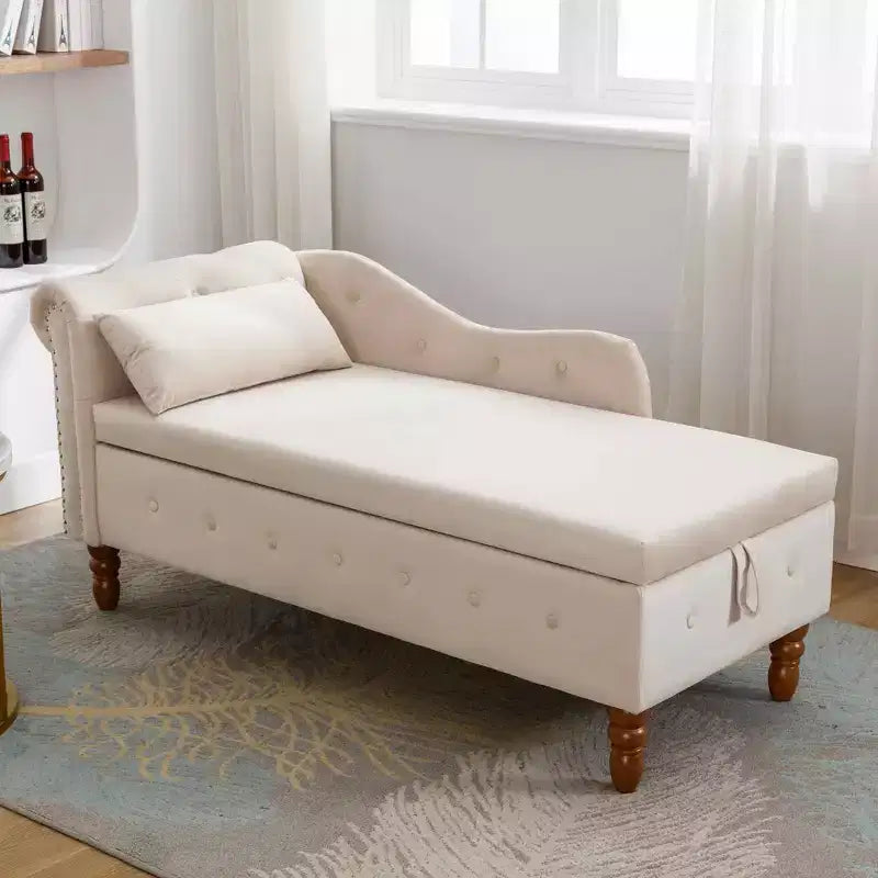 Velvet Chaise Lounge, Storage Pillow Nailhead Trim Rolled Arm, Living Room Bedroom Office, Beige
