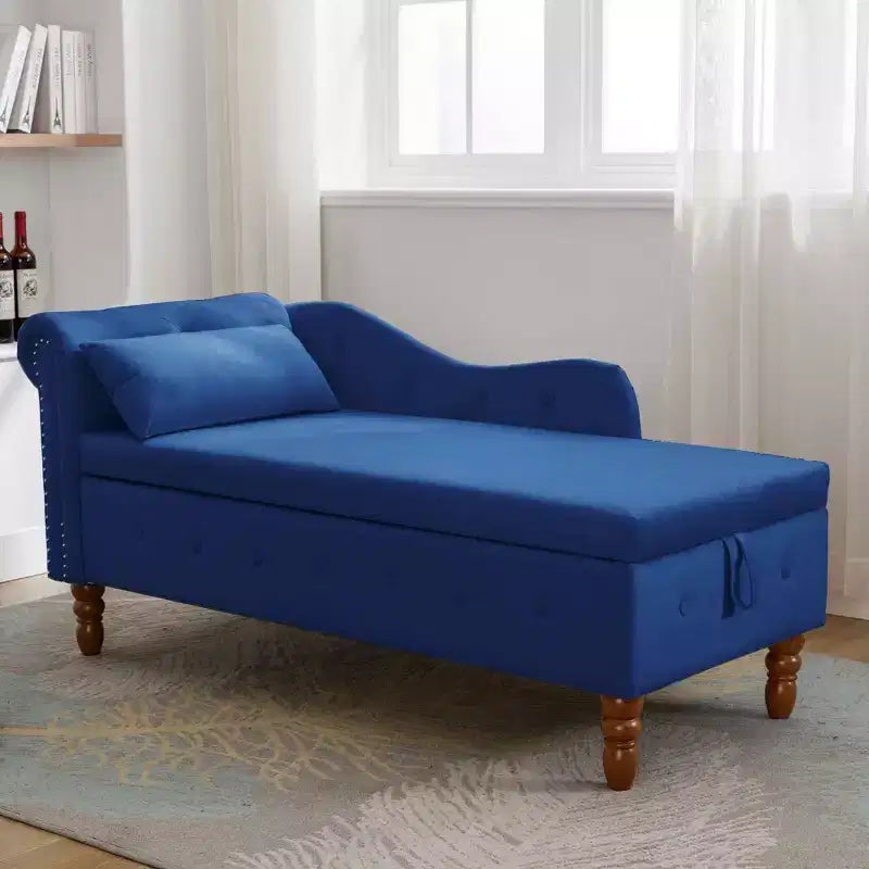 Velvet Chaise Lounge, Storage Pillow Nailhead Trim Rolled Arm, Living Room Bedroom Office, Beige