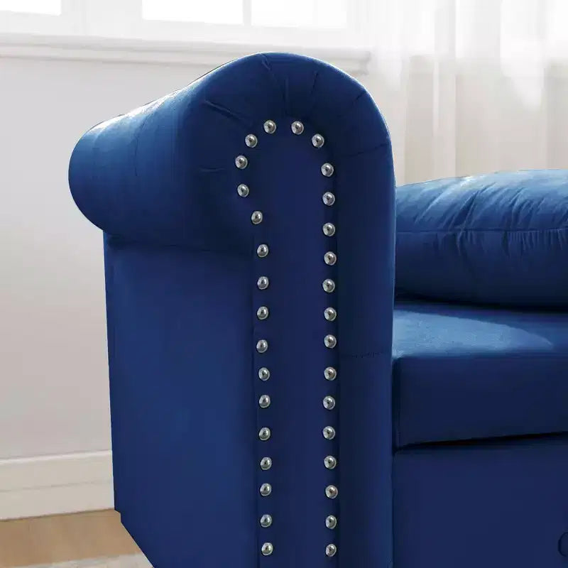 Velvet Chaise Lounge, Storage Pillow Nailhead Trim Rolled Arm, Living Room Bedroom Office, Beige