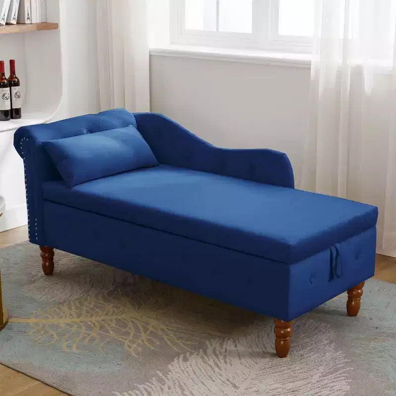 Velvet Chaise Lounge, Storage Pillow Nailhead Trim Rolled Arm, Living Room Bedroom Office, Beige