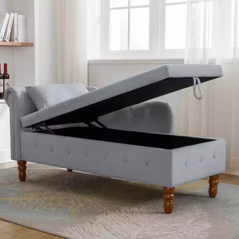 Velvet Chaise Lounge, Storage Pillow Nailhead Trim Rolled Arm, Living Room Bedroom Office, Beige