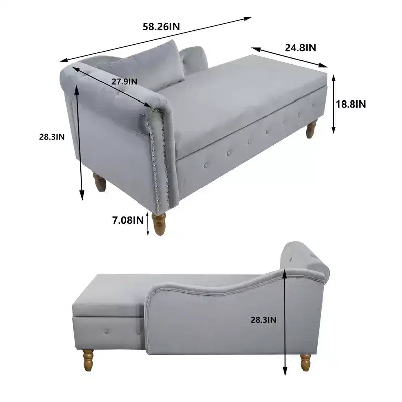 Velvet Chaise Lounge, Storage Pillow Nailhead Trim Rolled Arm, Living Room Bedroom Office, Beige
