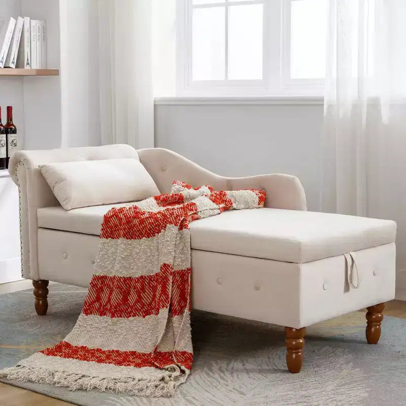 Velvet Chaise Lounge, Storage Pillow Nailhead Trim Rolled Arm, Living Room Bedroom Office, Beige