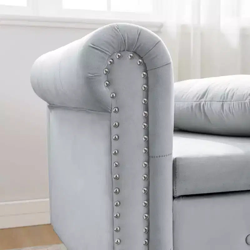 Velvet Chaise Lounge, Storage Pillow Nailhead Trim Rolled Arm, Living Room Bedroom Office, Beige