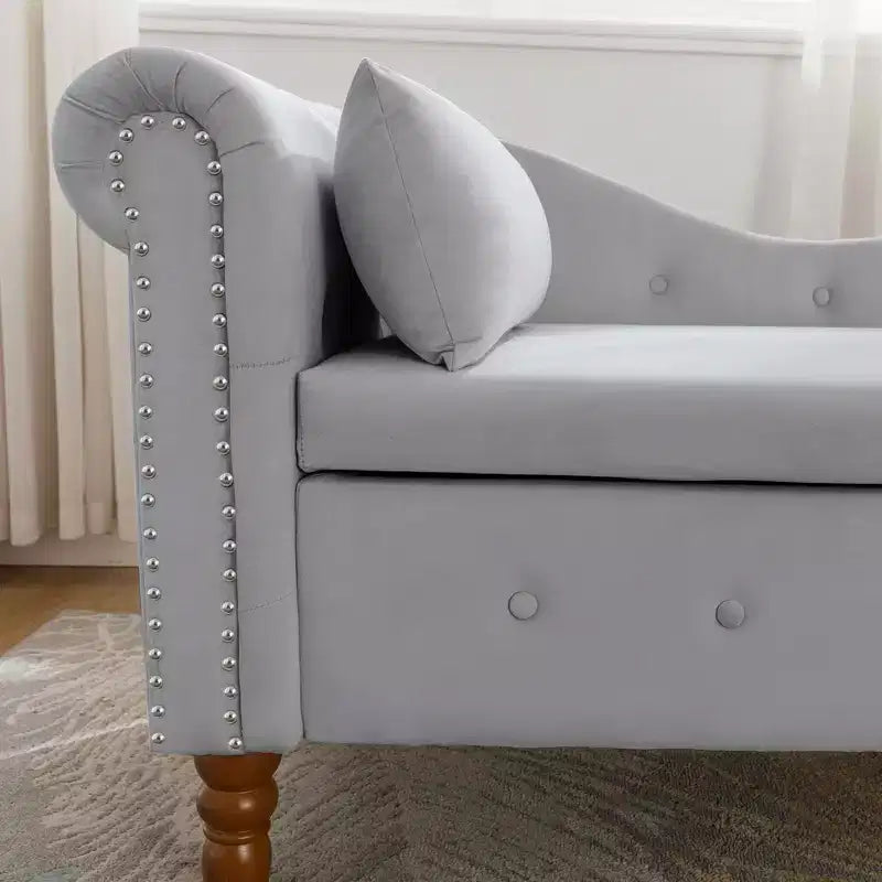 Velvet Chaise Lounge, Storage Pillow Nailhead Trim Rolled Arm, Living Room Bedroom Office, Beige