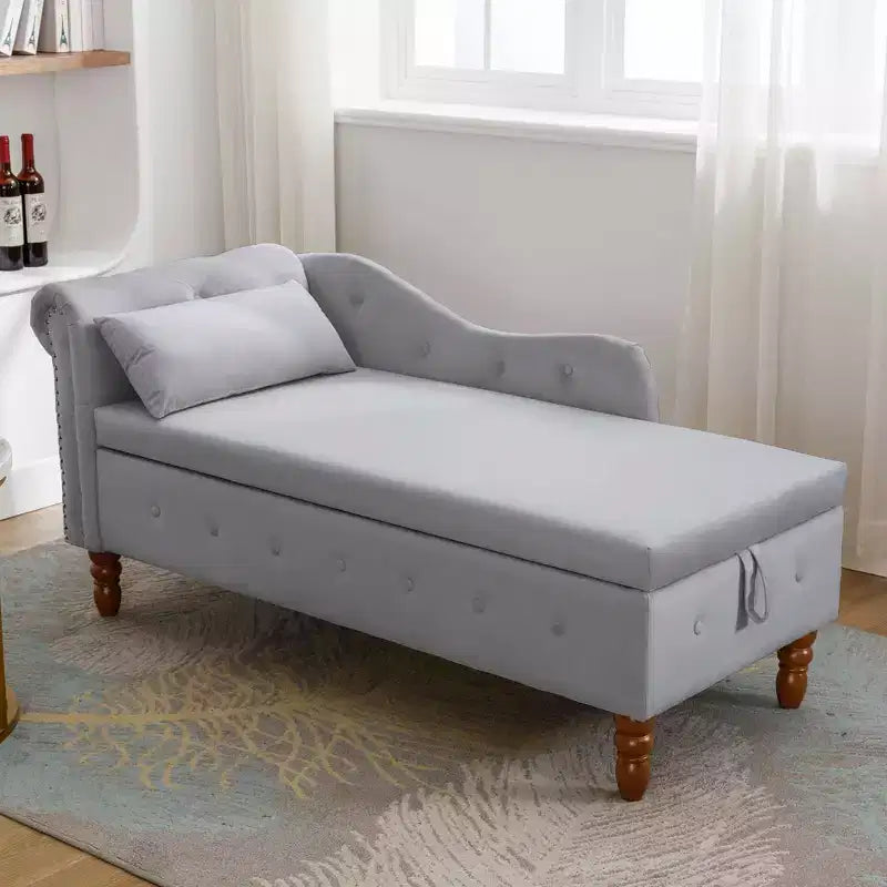 Velvet Chaise Lounge, Storage Pillow Nailhead Trim Rolled Arm, Living Room Bedroom Office, Beige