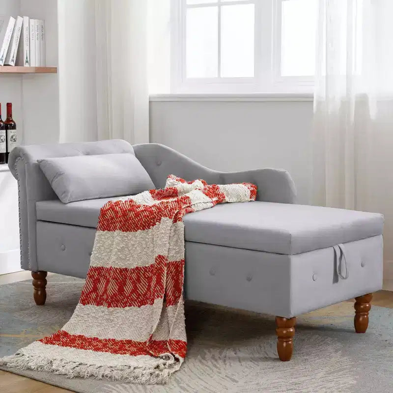 Velvet Chaise Lounge, Storage Pillow Nailhead Trim Rolled Arm, Living Room Bedroom Office, Beige