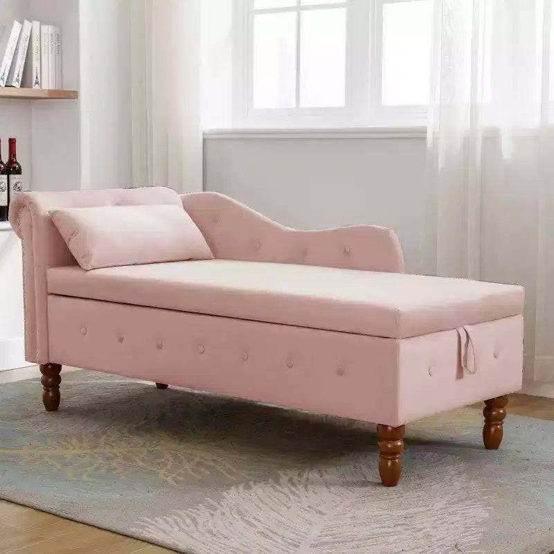 Velvet Chaise Lounge, Storage Pillow Nailhead Trim Rolled Arm, Living Room Bedroom Office, Beige