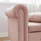 Velvet Chaise Lounge, Storage Pillow Nailhead Trim Rolled Arm, Living Room Bedroom Office, Beige