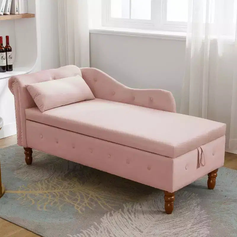 Velvet Chaise Lounge, Storage Pillow Nailhead Trim Rolled Arm, Living Room Bedroom Office, Beige