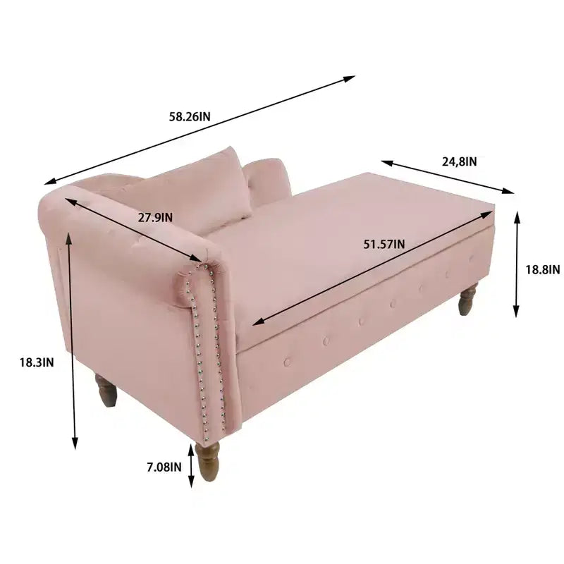 Velvet Chaise Lounge, Storage Pillow Nailhead Trim Rolled Arm, Living Room Bedroom Office, Beige