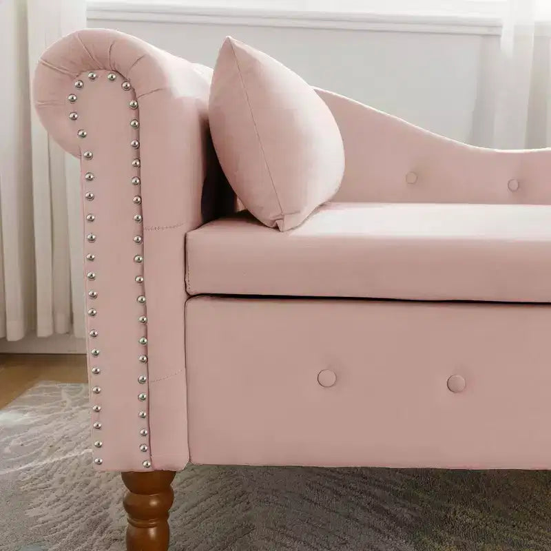 Velvet Chaise Lounge, Storage Pillow Nailhead Trim Rolled Arm, Living Room Bedroom Office, Beige