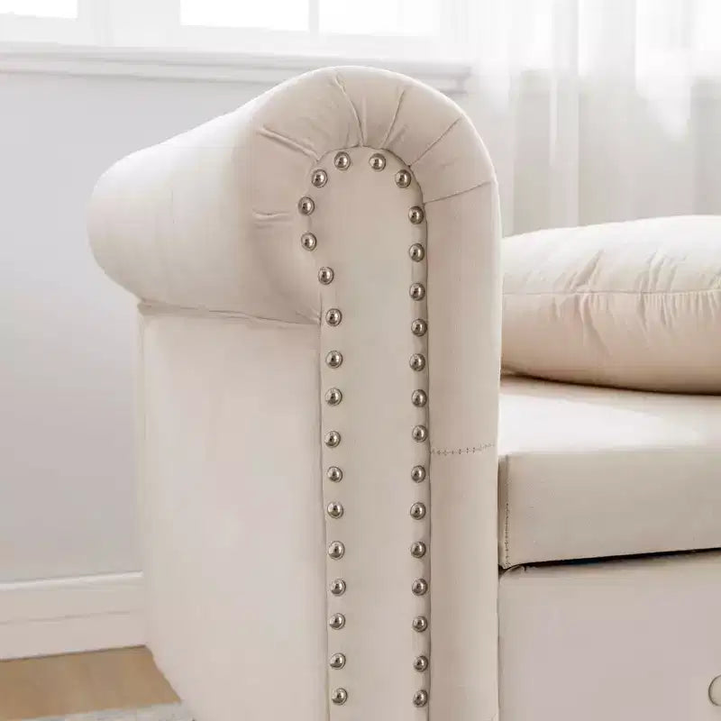 Velvet Chaise Lounge, Storage Pillow Nailhead Trim Rolled Arm, Living Room Bedroom Office, Beige