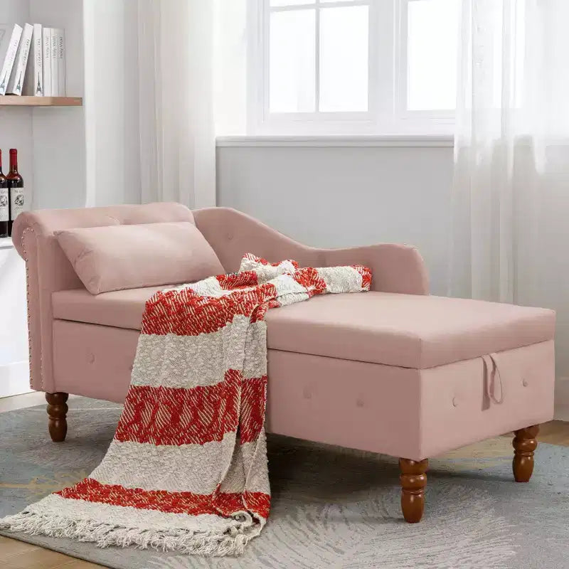 Velvet Chaise Lounge, Storage Pillow Nailhead Trim Rolled Arm, Living Room Bedroom Office, Beige