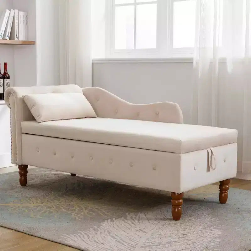 Velvet Chaise Lounge, Storage Pillow Nailhead Trim Rolled Arm, Living Room Bedroom Office, Beige