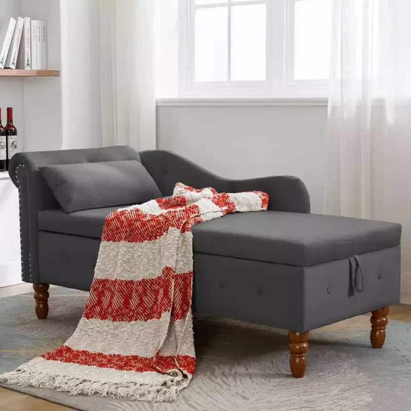 Velvet Chaise Lounge, Storage Pillow Nailhead Trim Rolled Arm, Living Room Bedroom Office, Beige