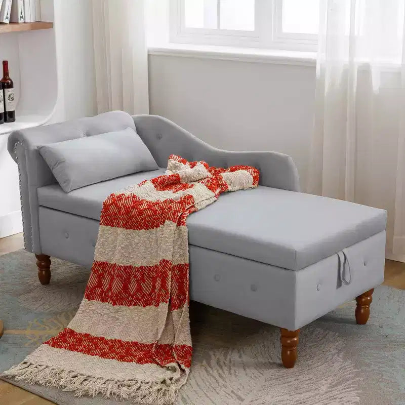 Velvet Chaise Lounge, Storage Pillow Nailhead Trim Rolled Arm, Living Room Bedroom Office, Beige