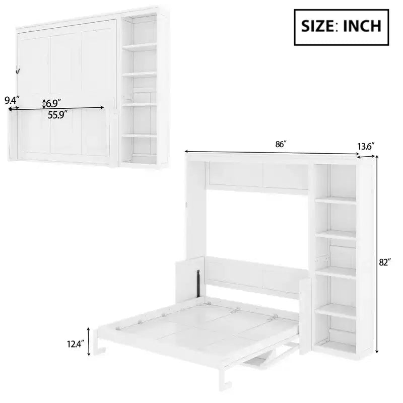 Space-Saving Solid Pine Wood Murphy Bed with Desk and Bookshelf