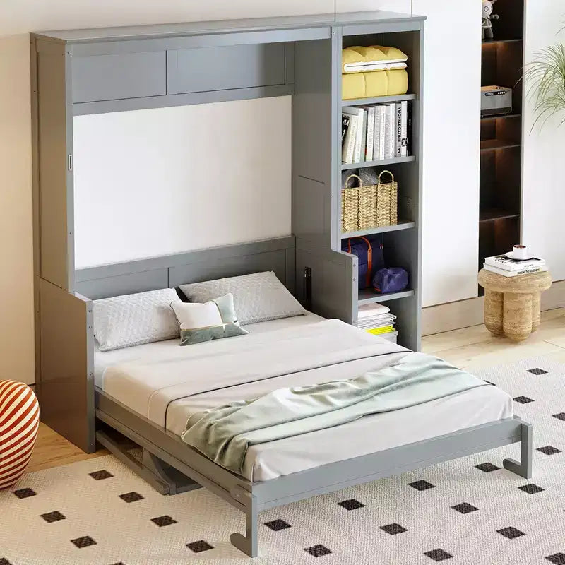 Space-Saving Solid Pine Wood Murphy Bed with Desk and Bookshelf