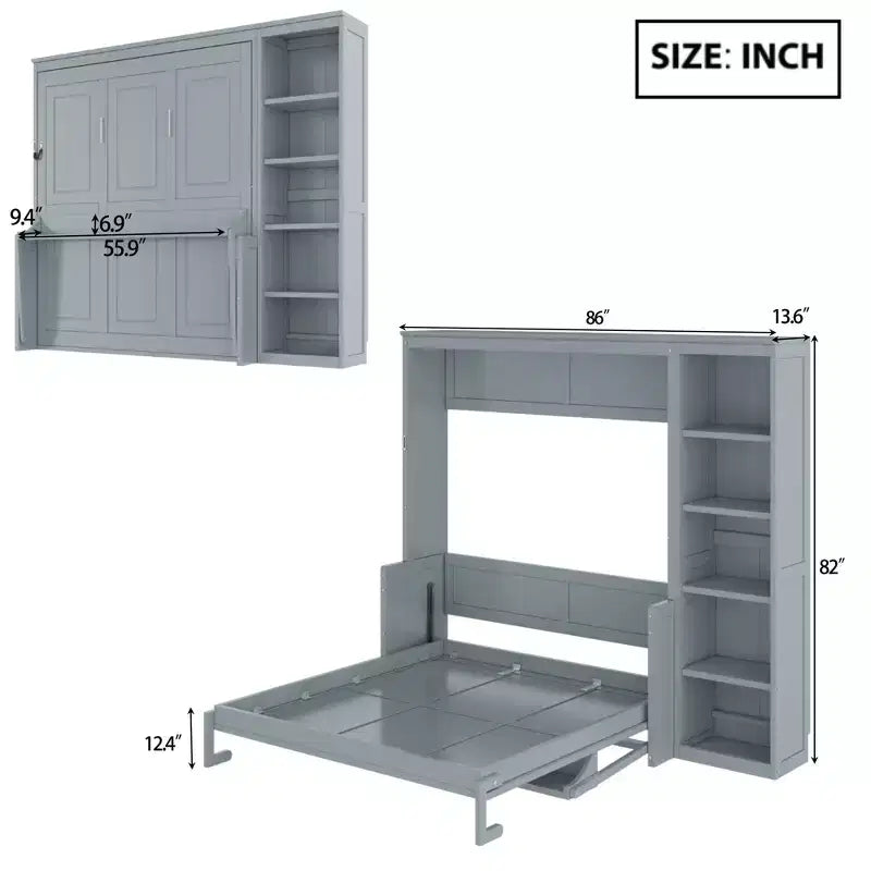 Space-Saving Solid Pine Wood Murphy Bed with Desk and Bookshelf