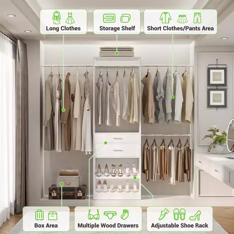 Closet System with 2 Wooden Drawers and Adjustable Shoes Rack