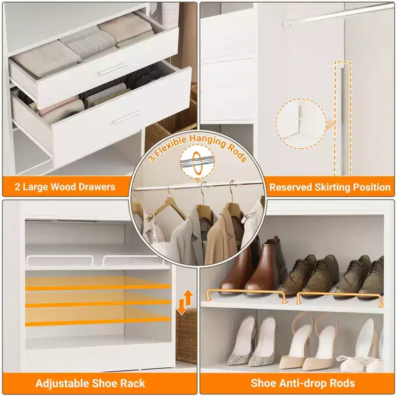 Closet System with 2 Wooden Drawers and Adjustable Shoes Rack