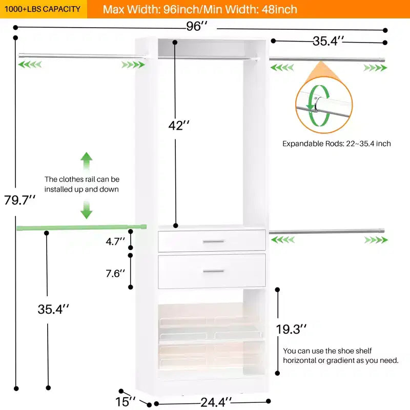 Closet System with 2 Wooden Drawers and Adjustable Shoes Rack