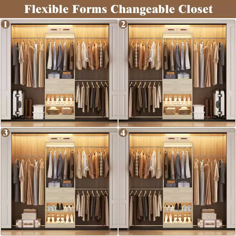 Closet System with 2 Wooden Drawers and Adjustable Shoes Rack