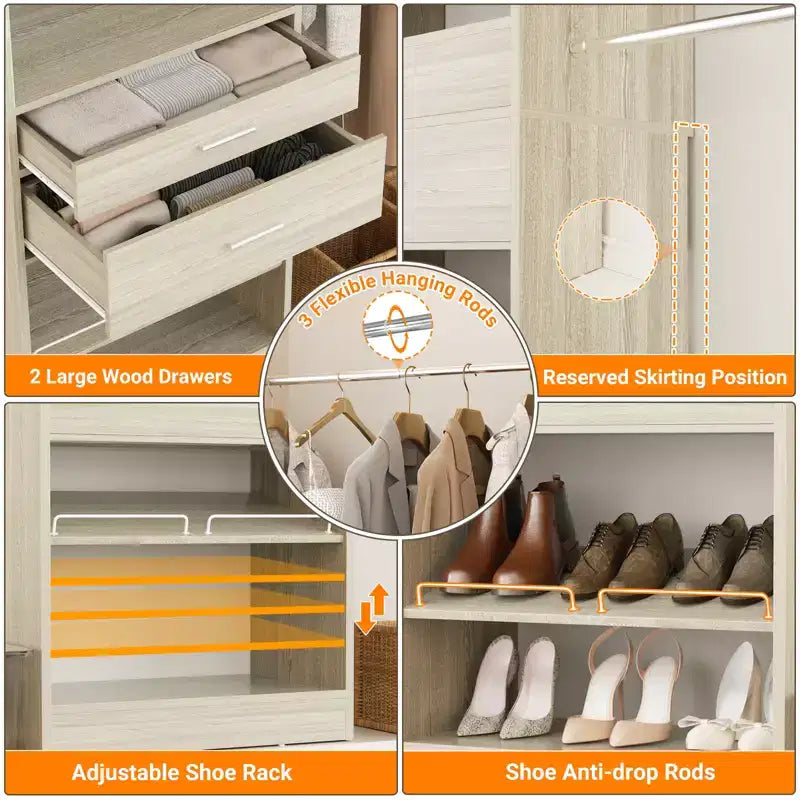 Closet System with 2 Wooden Drawers and Adjustable Shoes Rack