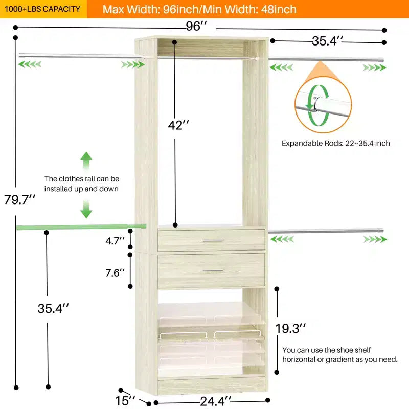 Closet System with 2 Wooden Drawers and Adjustable Shoes Rack