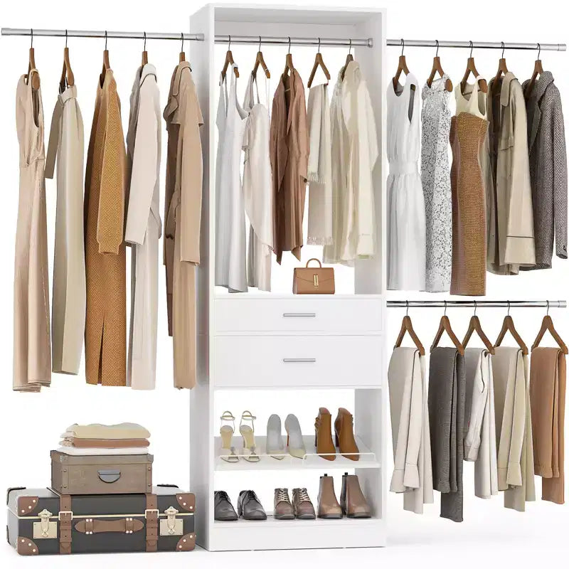 Closet System with 2 Wooden Drawers and Adjustable Shoes Rack