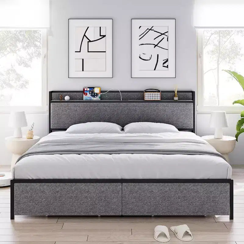 King Size Bed Frame with 2 Storage Drawers and USB Ports, Modern Platform Bed with Upholstered Shelf Headboard, Sturdy, Noise Free, Gray