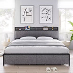 King Size Bed Frame with 2 Storage Drawers and USB Ports, Modern Platform Bed with Upholstered Shelf Headboard, Sturdy, Noise Free, Gray