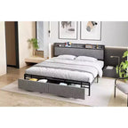 King Size Bed Frame with 2 Storage Drawers and USB Ports, Modern Platform Bed with Upholstered Shelf Headboard, Sturdy, Noise Free, Gray