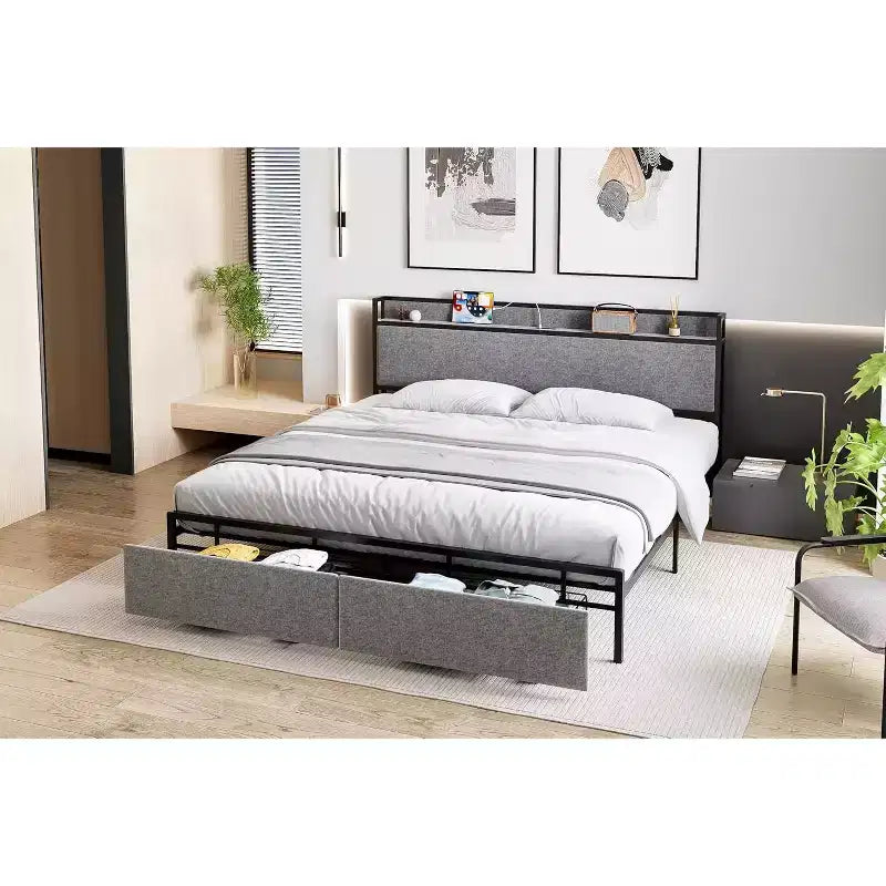 King Size Bed Frame with 2 Storage Drawers and USB Ports, Modern Platform Bed with Upholstered Shelf Headboard, Sturdy, Noise Free, Gray