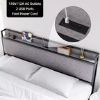 King Size Bed Frame with 2 Storage Drawers and USB Ports, Modern Platform Bed with Upholstered Shelf Headboard, Sturdy, Noise Free, Gray