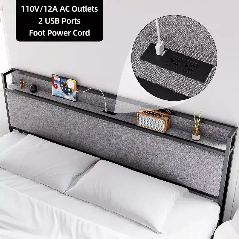 King Size Bed Frame with 2 Storage Drawers and USB Ports, Modern Platform Bed with Upholstered Shelf Headboard, Sturdy, Noise Free, Gray