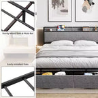 King Size Bed Frame with 2 Storage Drawers and USB Ports, Modern Platform Bed with Upholstered Shelf Headboard, Sturdy, Noise Free, Gray