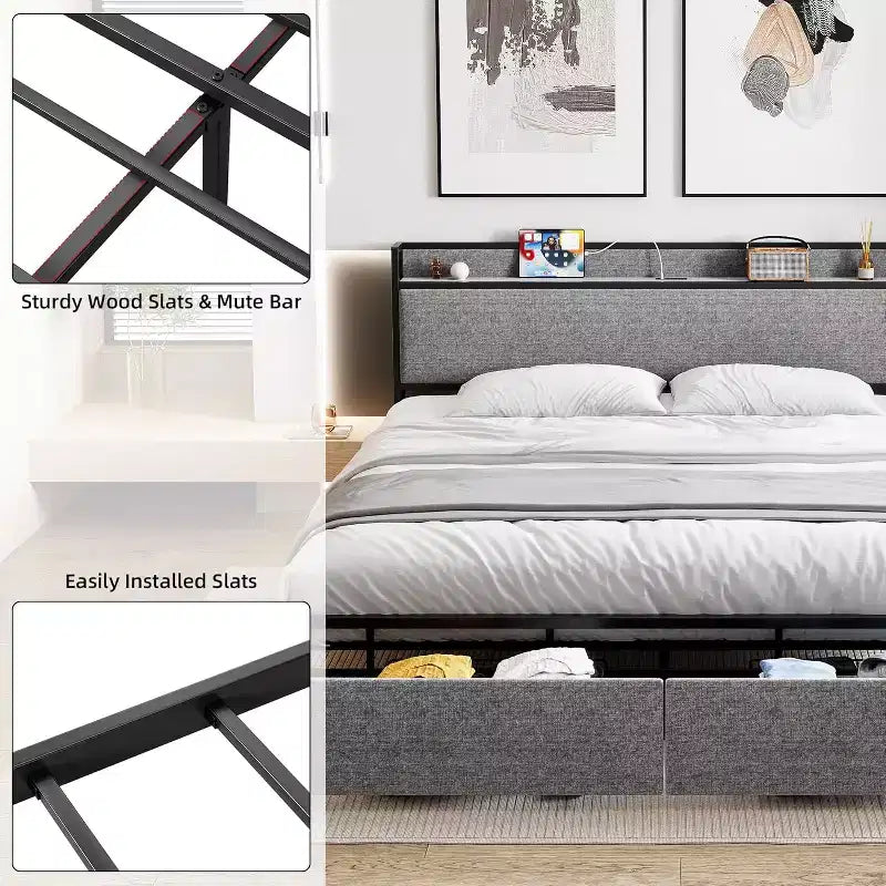 King Size Bed Frame with 2 Storage Drawers and USB Ports, Modern Platform Bed with Upholstered Shelf Headboard, Sturdy, Noise Free, Gray
