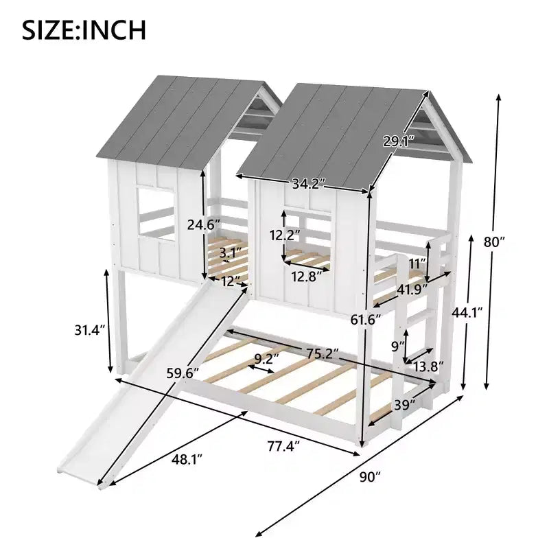 Twin over Twin House Bunk Bed with Slide and Windows for Kids' Room, White+Gray