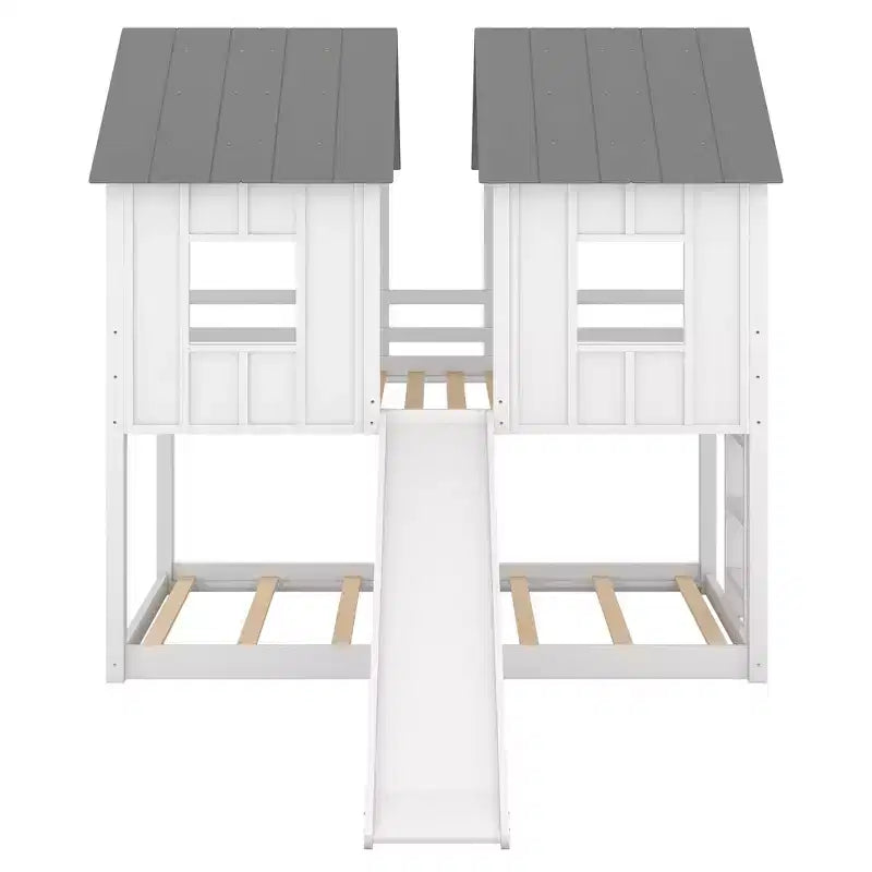 Twin over Twin House Bunk Bed with Slide and Windows for Kids' Room, White+Gray