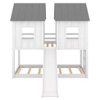 Twin over Twin House Bunk Bed with Slide and Windows for Kids' Room, White+Gray
