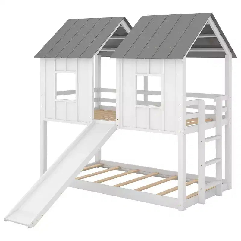 Twin over Twin House Bunk Bed with Slide and Windows for Kids' Room, White+Gray