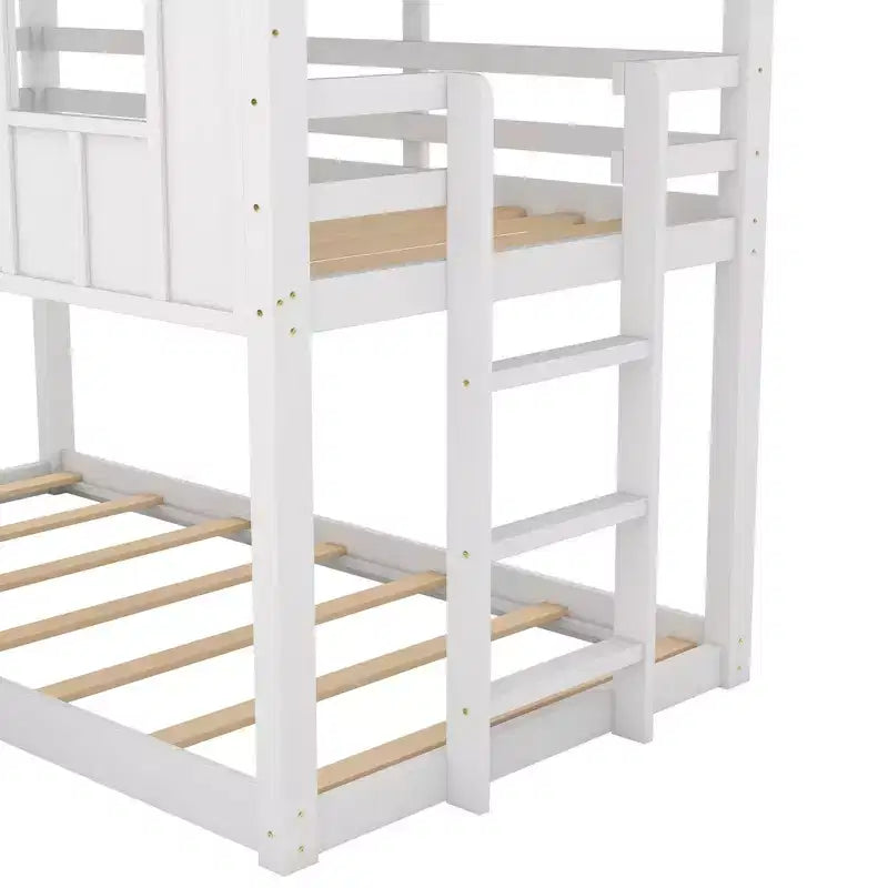 Twin over Twin House Bunk Bed with Slide and Windows for Kids' Room, White+Gray