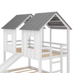 Twin over Twin House Bunk Bed with Slide and Windows for Kids' Room, White+Gray