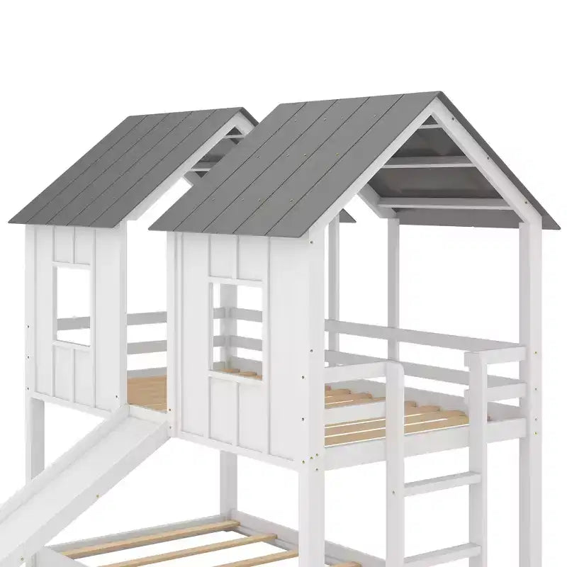 Twin over Twin House Bunk Bed with Slide and Windows for Kids' Room, White+Gray